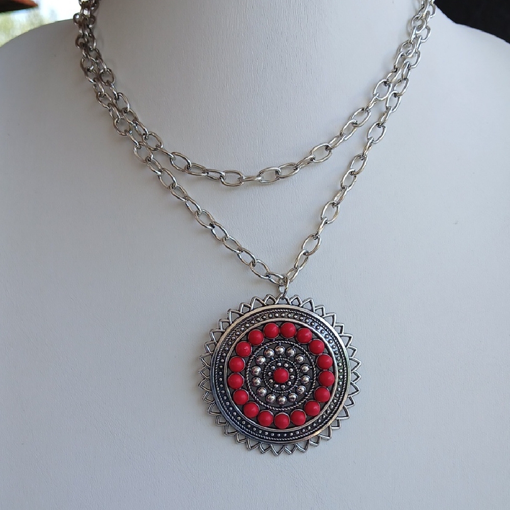 Paparazzi Silver Red Long Medallion Necklace